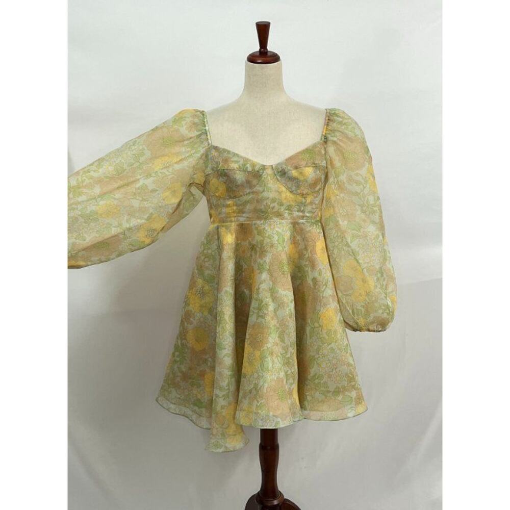 Selkie Pale Yellow & Mint Green Retro Floral Puff-Sleeve Mini Dress - Picture 7 of 12
